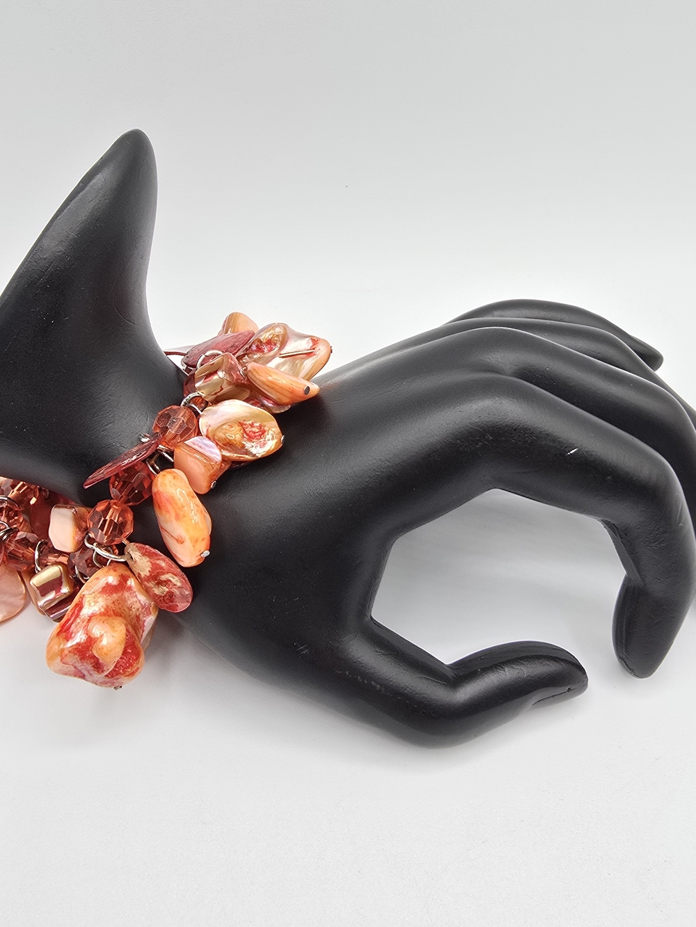 Dyed Shell Cluster Bracelet Red Orange Beaded Boho Stretch Y2K 6.75"
